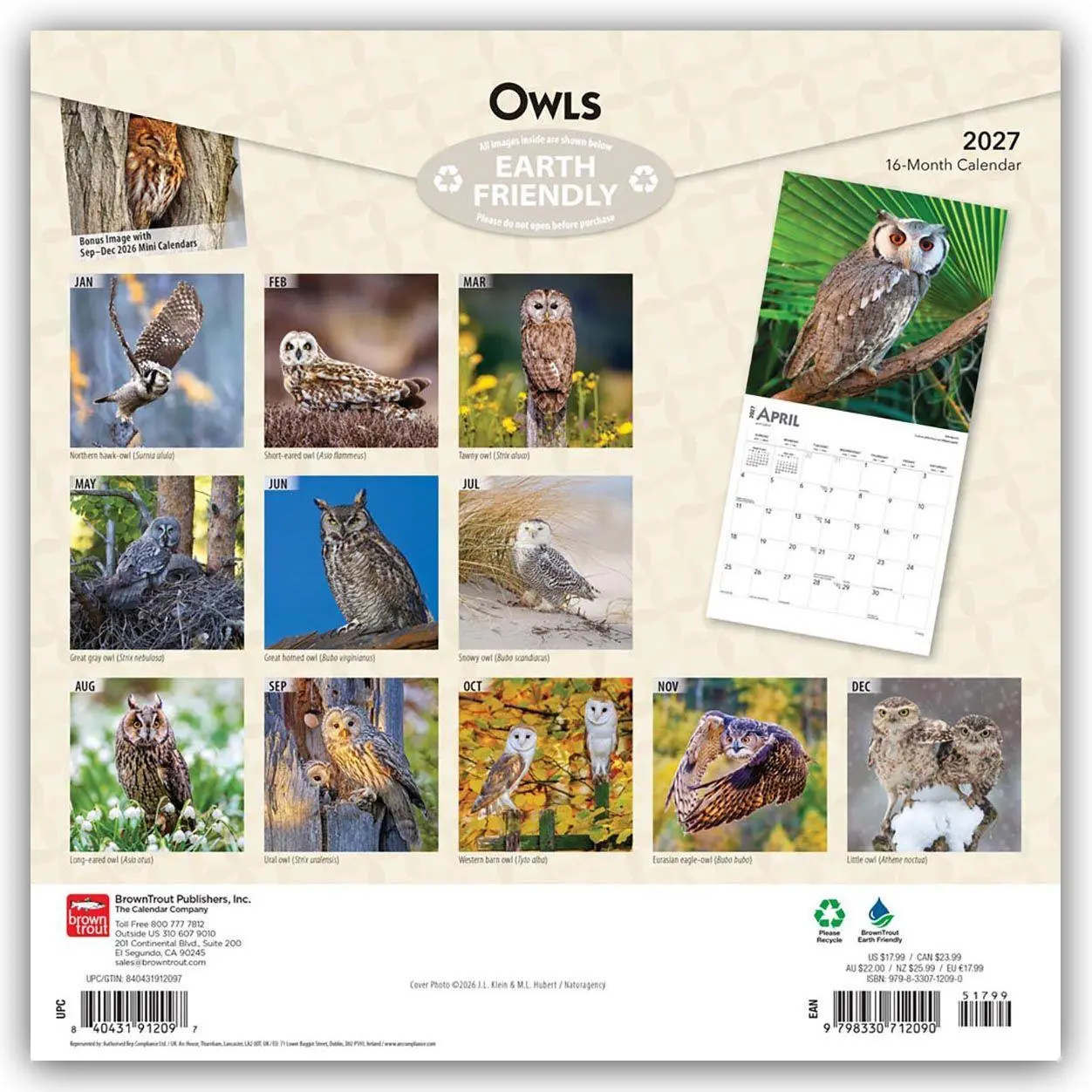 Rückseite: 9798330712090 | Owls 2027 12 X 24 Inch (Hanging) Monthly Square Wall Calendar...