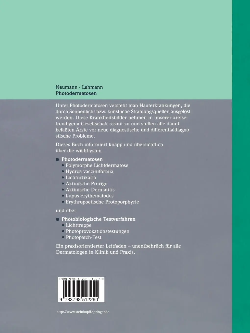 Rückseite: 9783798512290 | Photodermatosen | Ein Leitfaden zur Diagnostik | Percy Lehmann (u. a.)