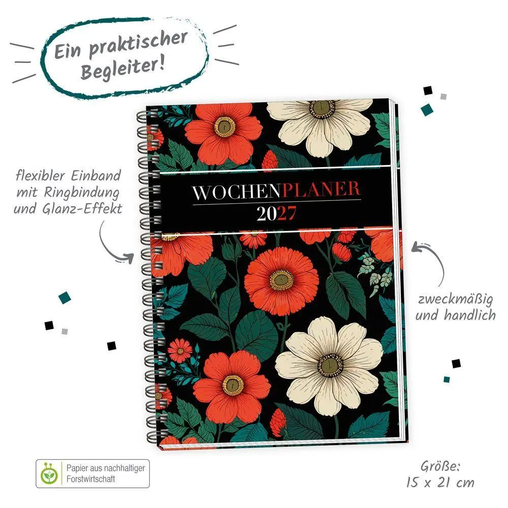 Bild: 4251901512390 | TRÖTSCH - Wochenplaner A5 mit Wire-O Blumen 2027 | Taschenkalender