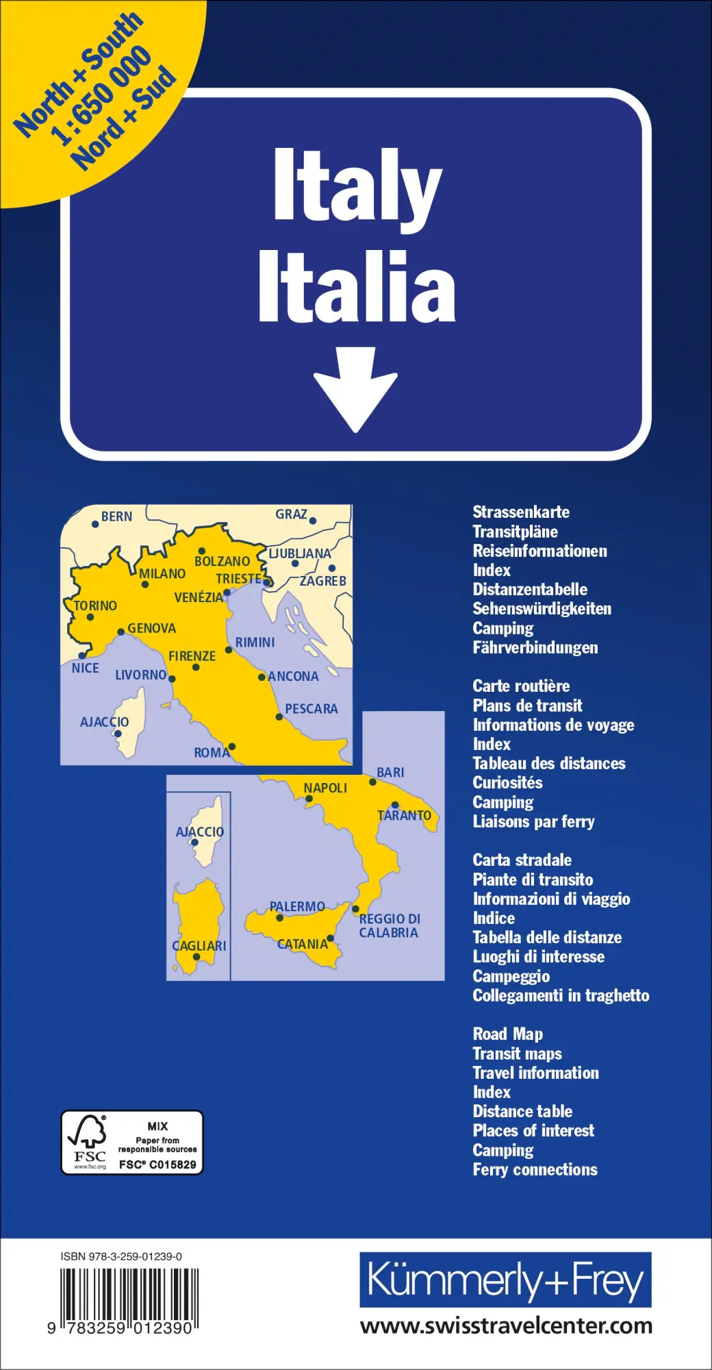 Rückseite: 9783259012390 | Kümmerly+Frey Strassenkarte Italien Nord+Süd 1:650.000 | AG | Deutsch