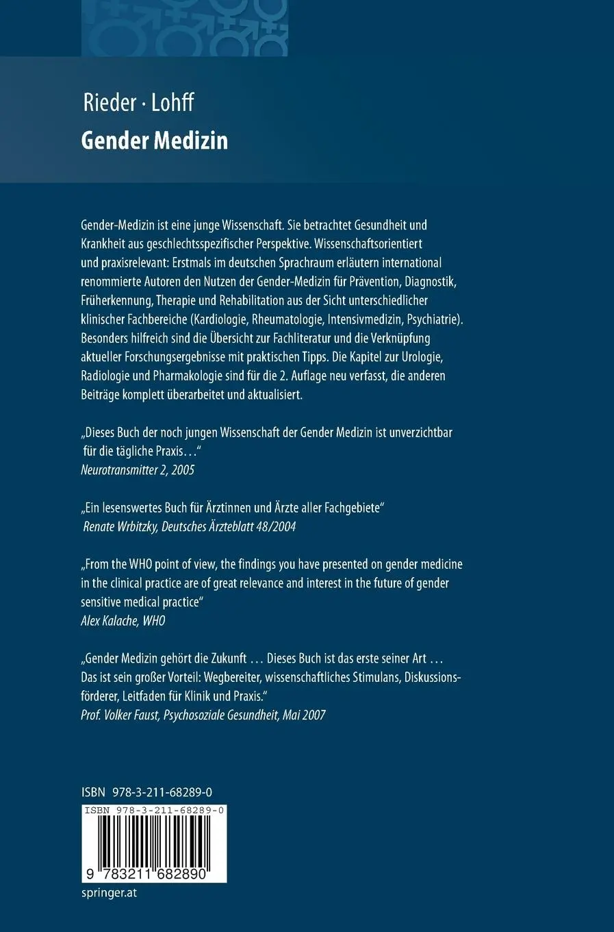 Rückseite: 9783211682890 | Gender Medizin | Brigitte Lohff (u. a.) | Buch | xxi | Deutsch | 2008