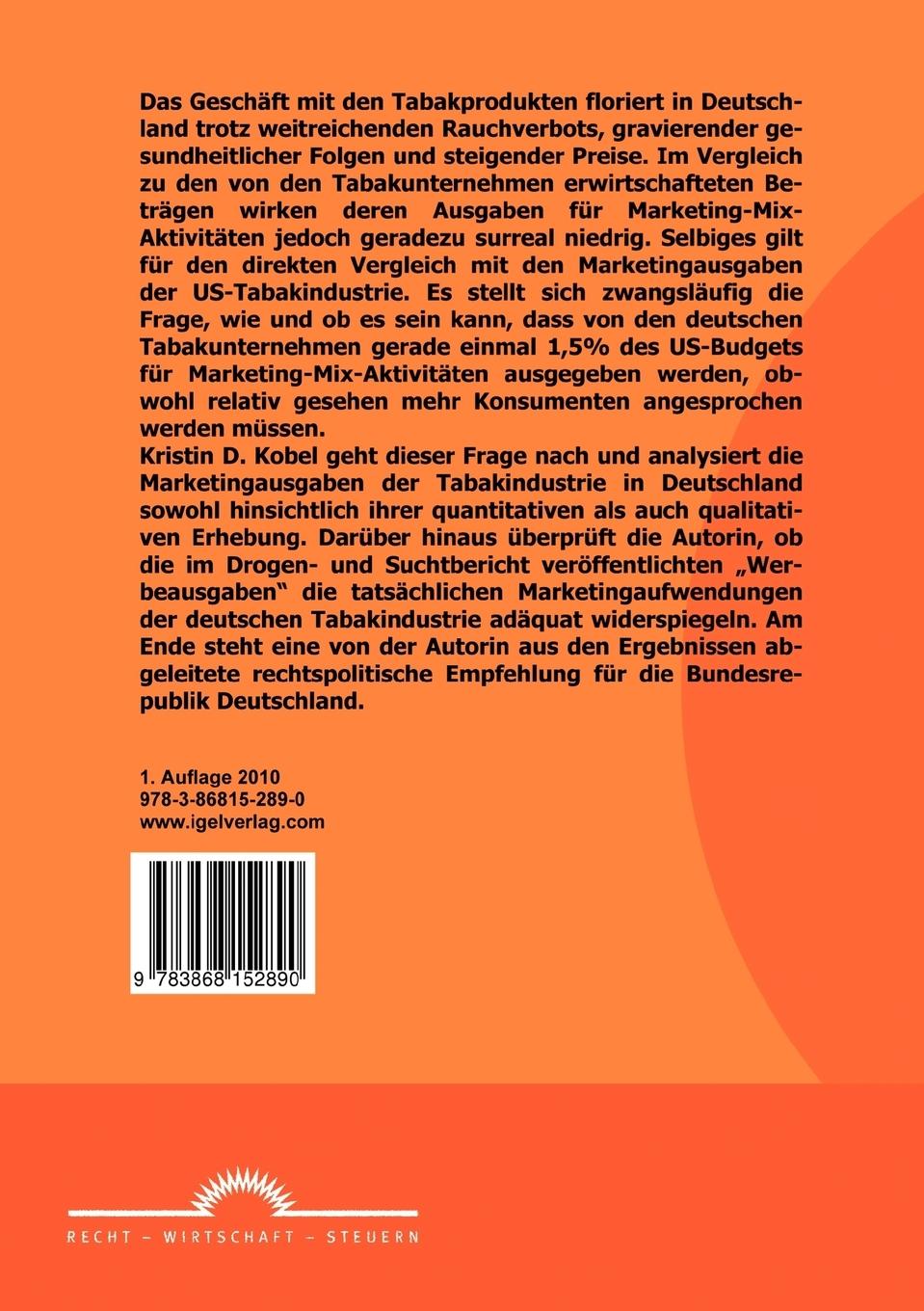 Rückseite: 9783868152890 | Marketingausgaben der Tabakindustrie | Analyse des Zivilrechts | Kobel