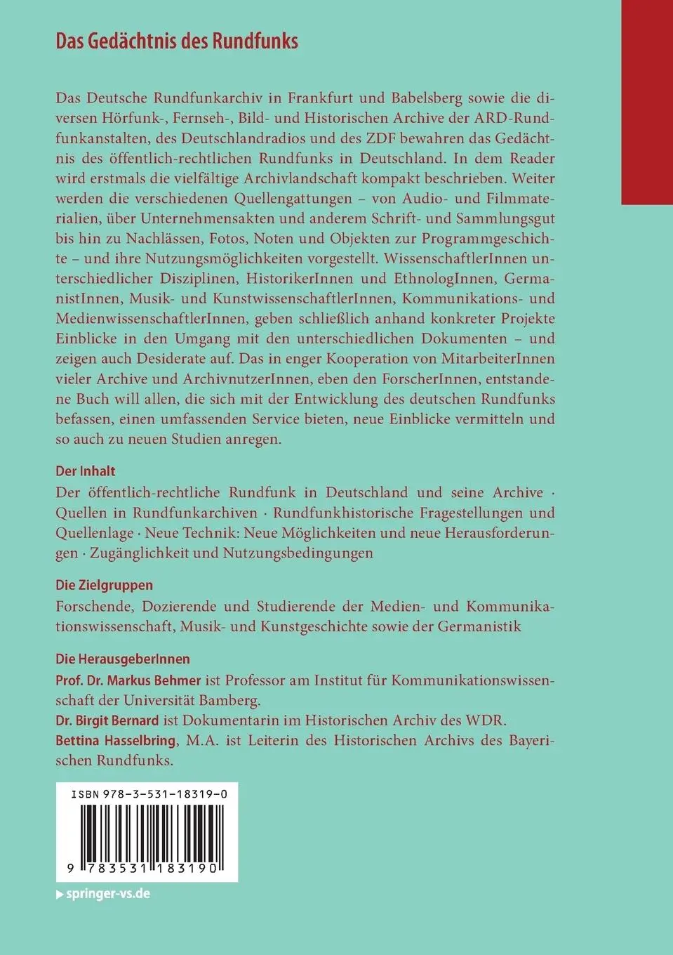 Rückseite: 9783531183190 | Das Gedächtnis des Rundfunks | Markus Behmer (u. a.) | Taschenbuch