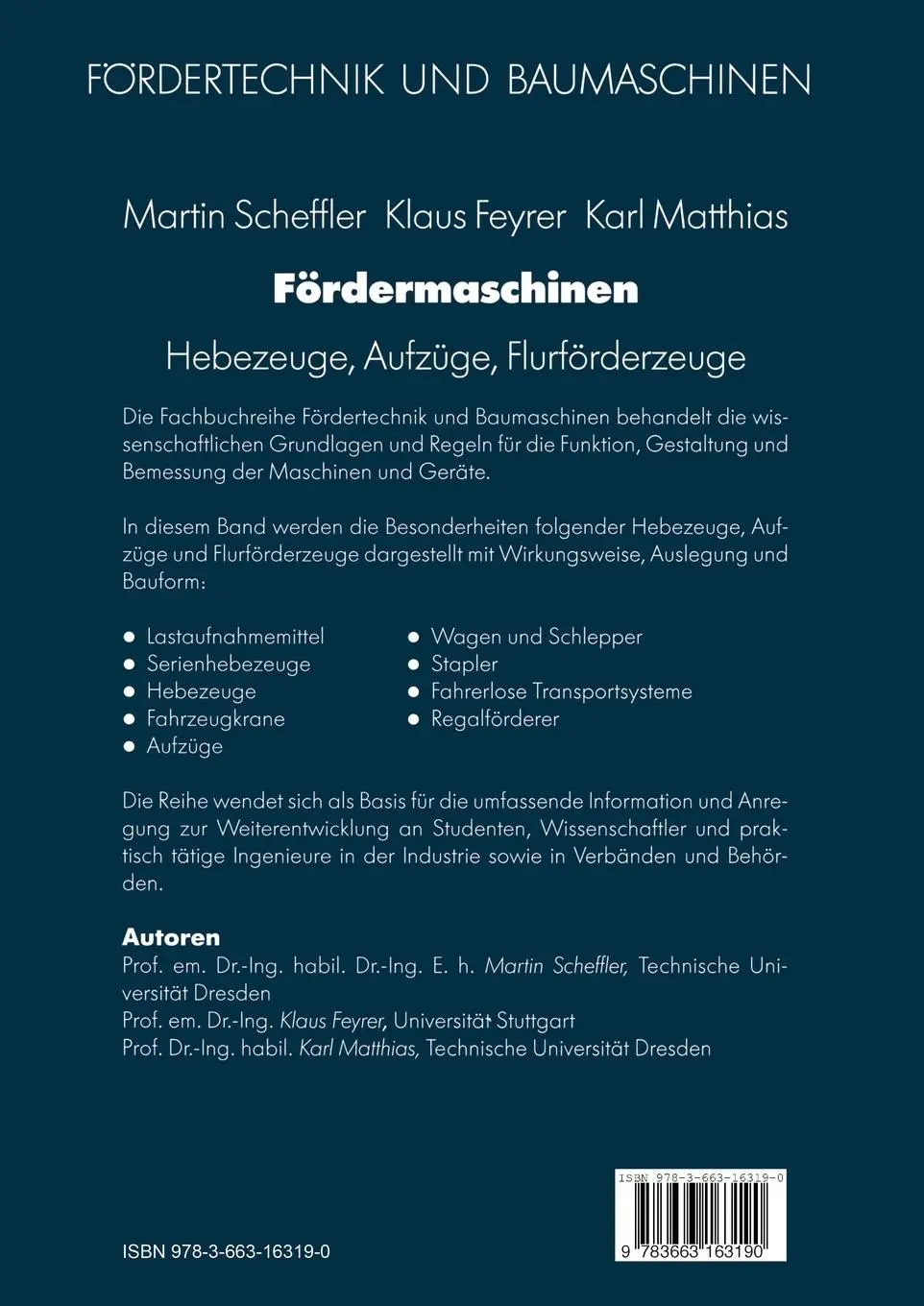 Rückseite: 9783663163190 | Fördermaschinen | Hebezeuge, Aufzüge, Flurförderzeuge | Taschenbuch