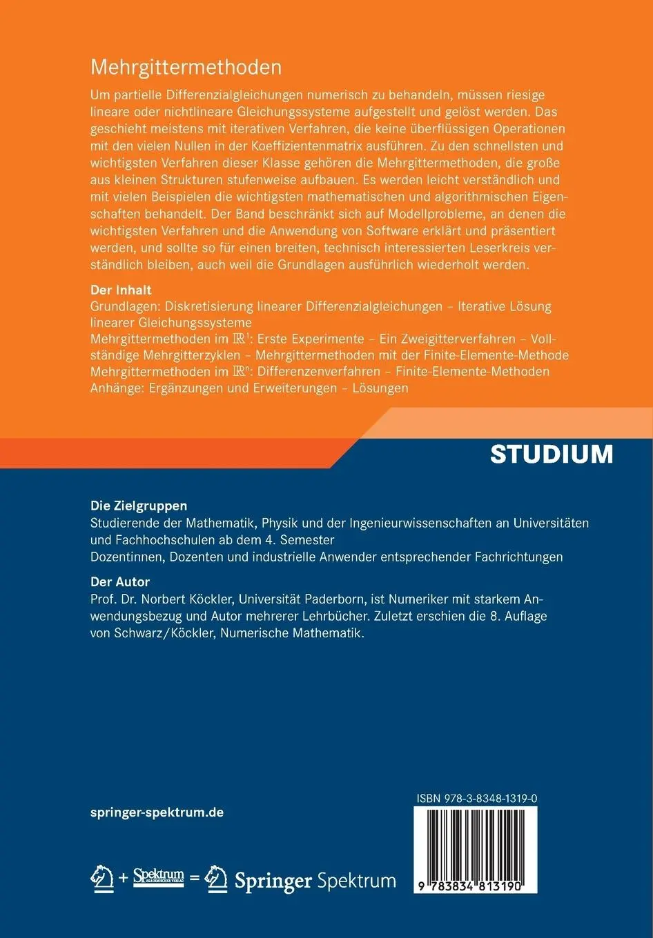 Rückseite: 9783834813190 | Mehrgittermethoden | Ein Lehr- und Übungsbuch | Norbert Köckler | Buch