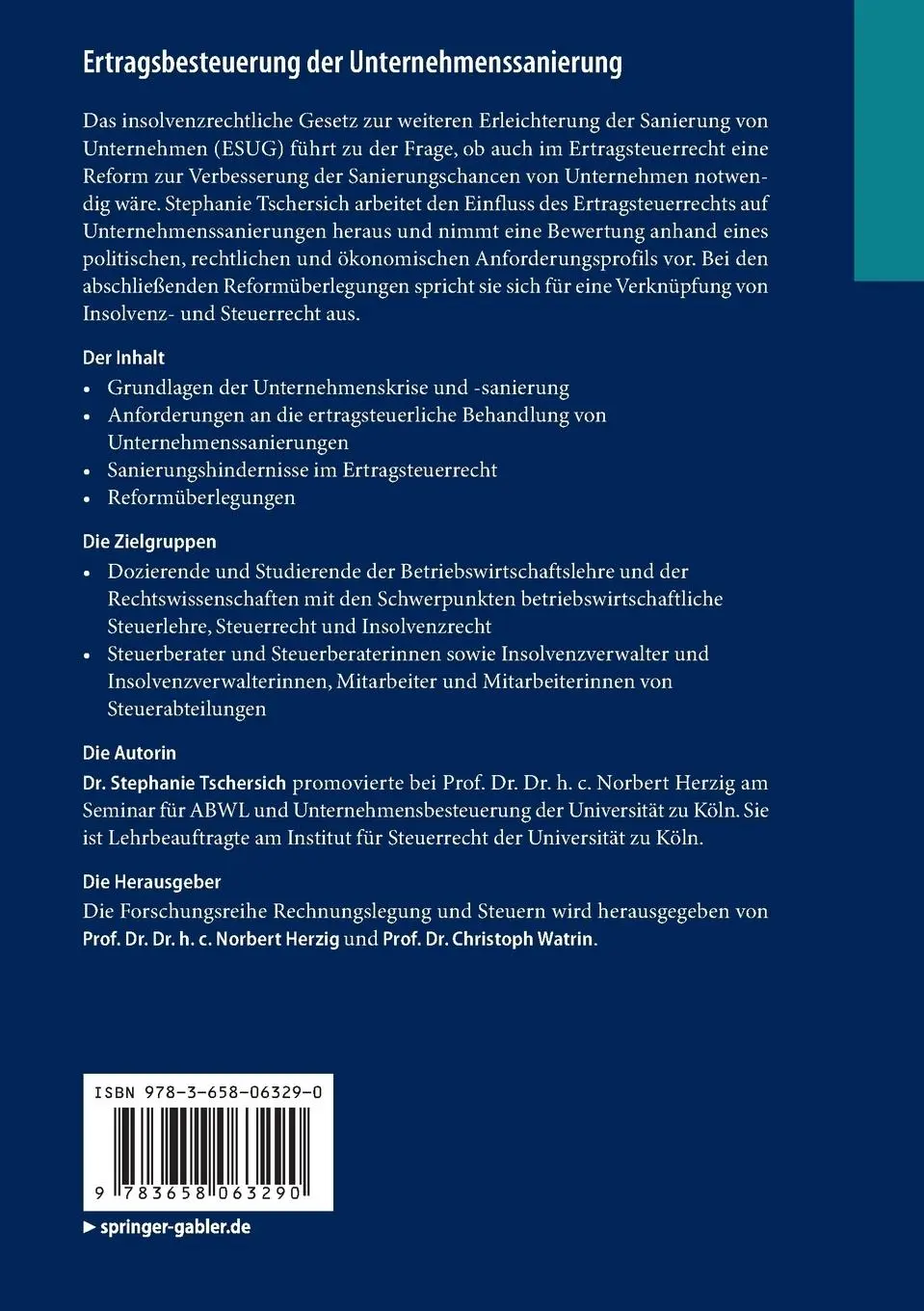 Rückseite: 9783658063290 | Ertragsbesteuerung der Unternehmenssanierung | Stephanie Tschersich