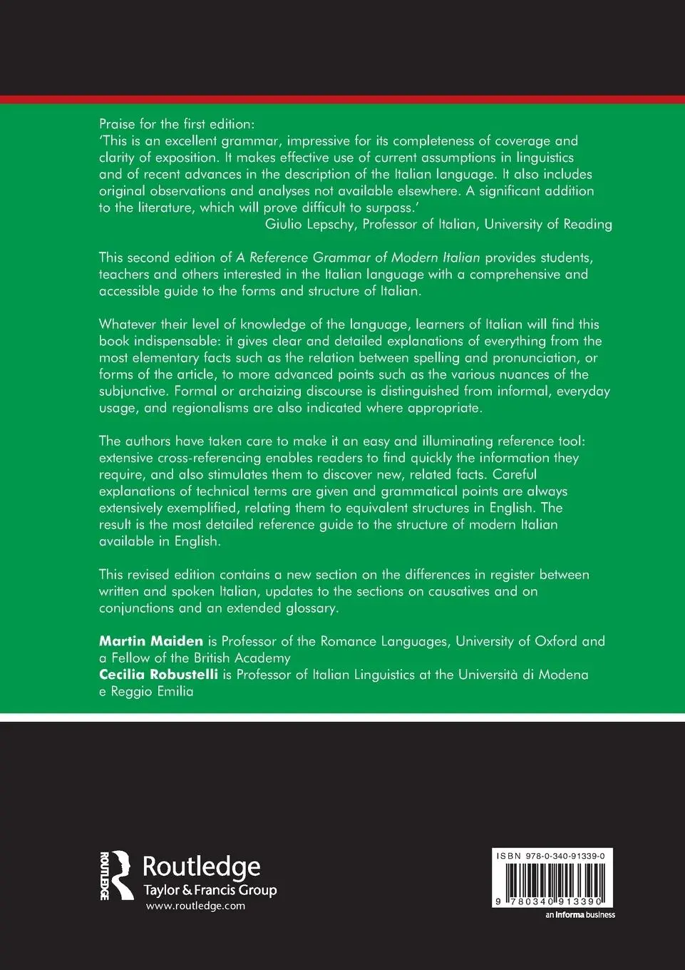 Rückseite: 9780340913390 | A Reference Grammar of Modern Italian | Martin Maiden (u. a.) | Buch