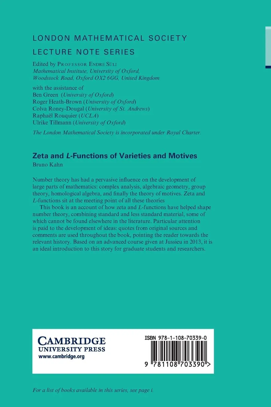 Rückseite: 9781108703390 | Zeta and L-Functions of Varieties and Motives | Bruno Kahn | Buch