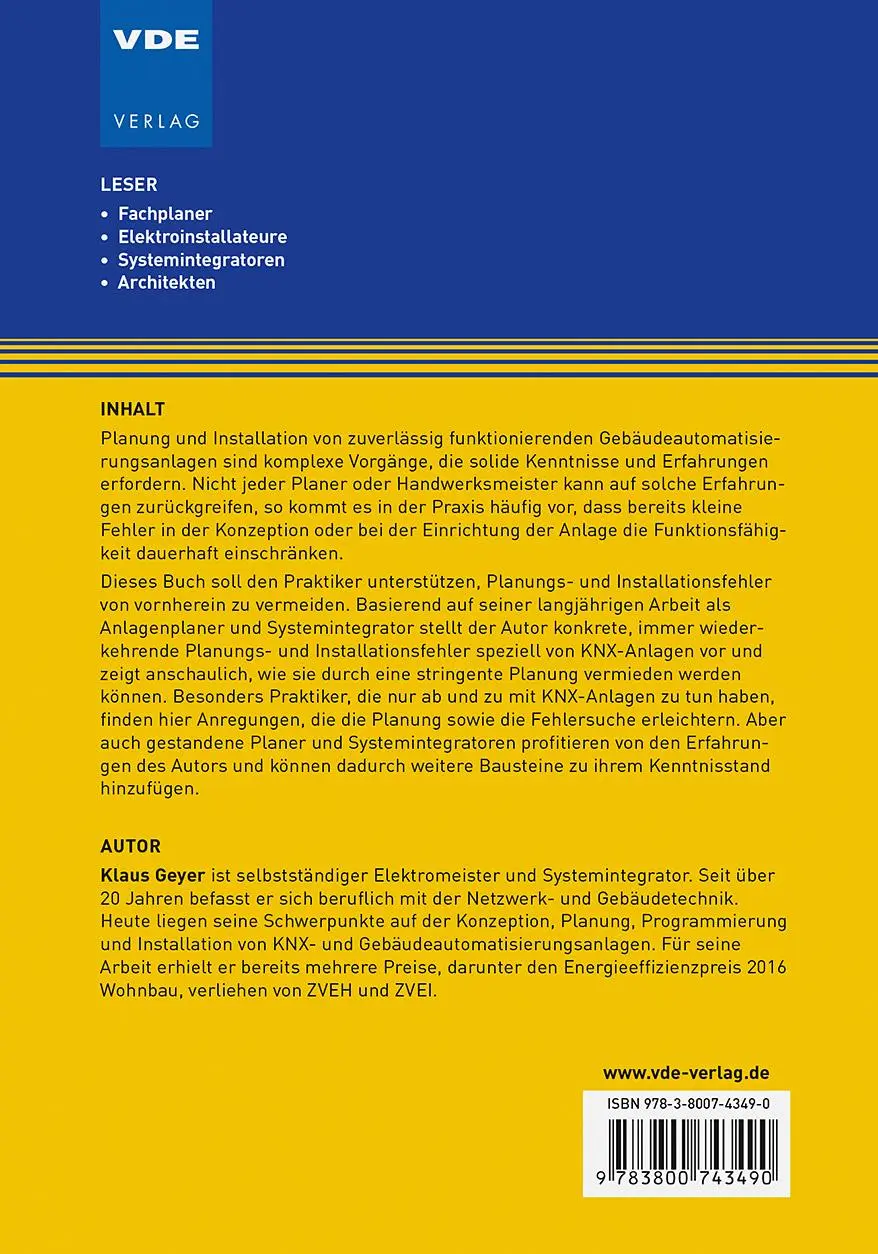 Rückseite: 9783800743490 | KNX-Anlagen - Fehlervermeidung bei Planung und Installation | Geyer