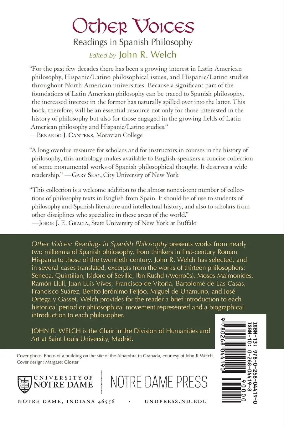Rückseite: 9780268044190 | Other Voices | Readings in Spanish Philosophy | John R. Welch | Buch