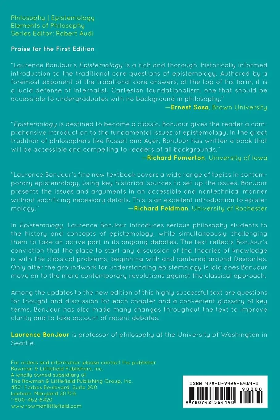 Rückseite: 9780742564190 | Epistemology | Classic Problems and Contemporary Responses | Bonjour