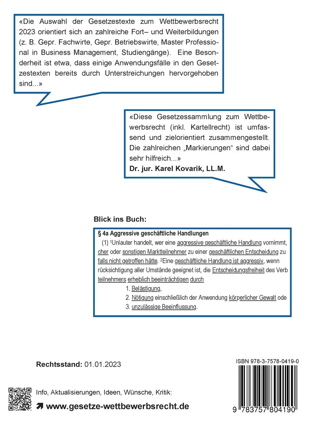 Rückseite: 9783757804190 | Wettbewerbsrecht 2023 | Gesetzestexte für die Weiterbildung | Pulic