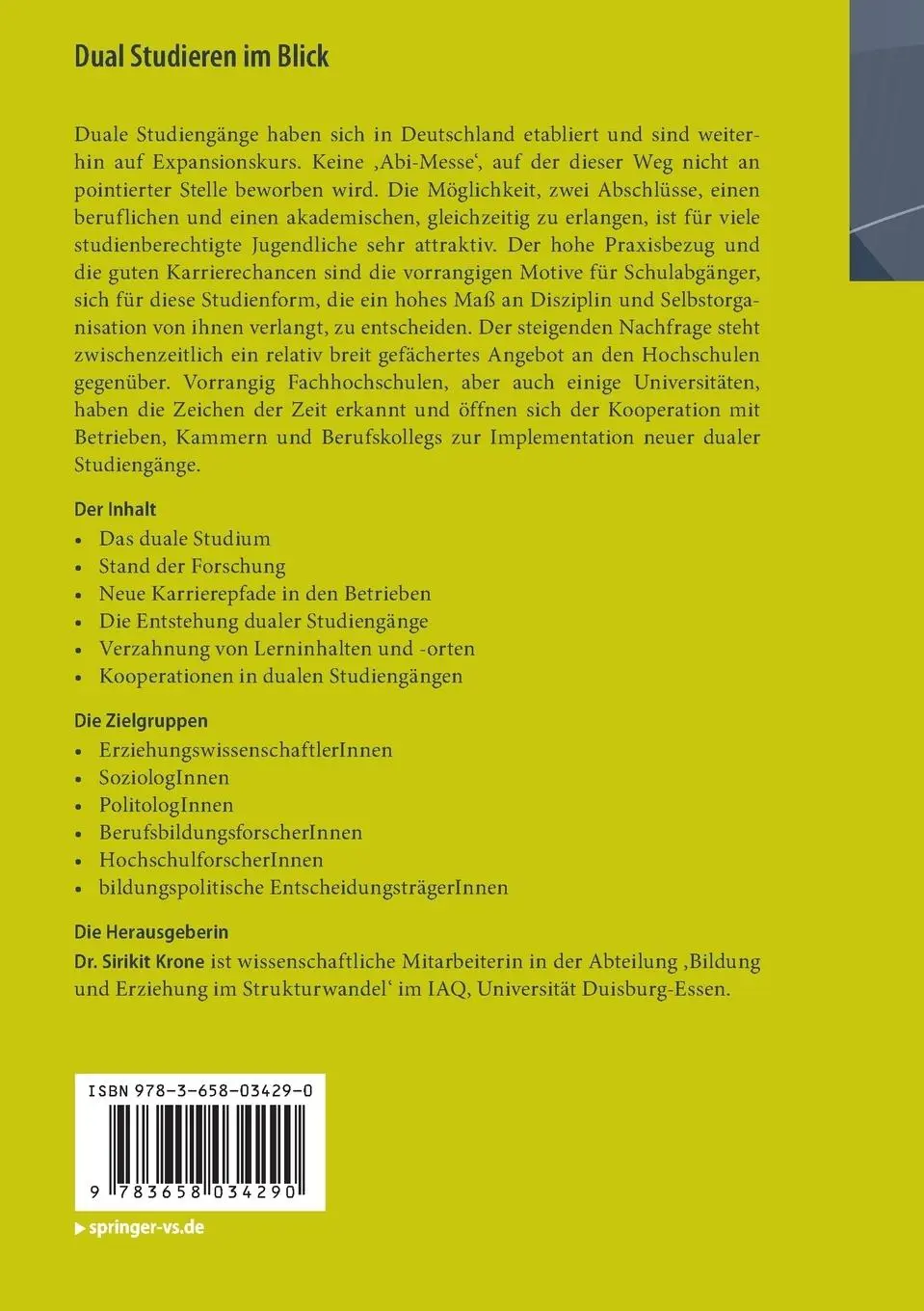 Rückseite: 9783658034290 | Dual Studieren im Blick | Sirikit Krone | Taschenbuch | xiv | Deutsch