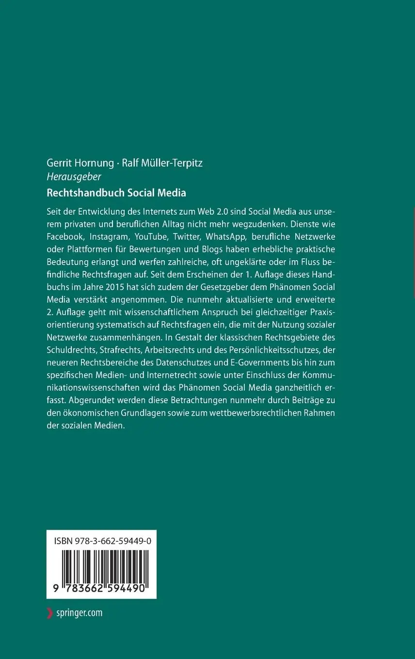 Rückseite: 9783662594490 | Rechtshandbuch Social Media | Ralf Müller-Terpitz (u. a.) | Buch | xxi