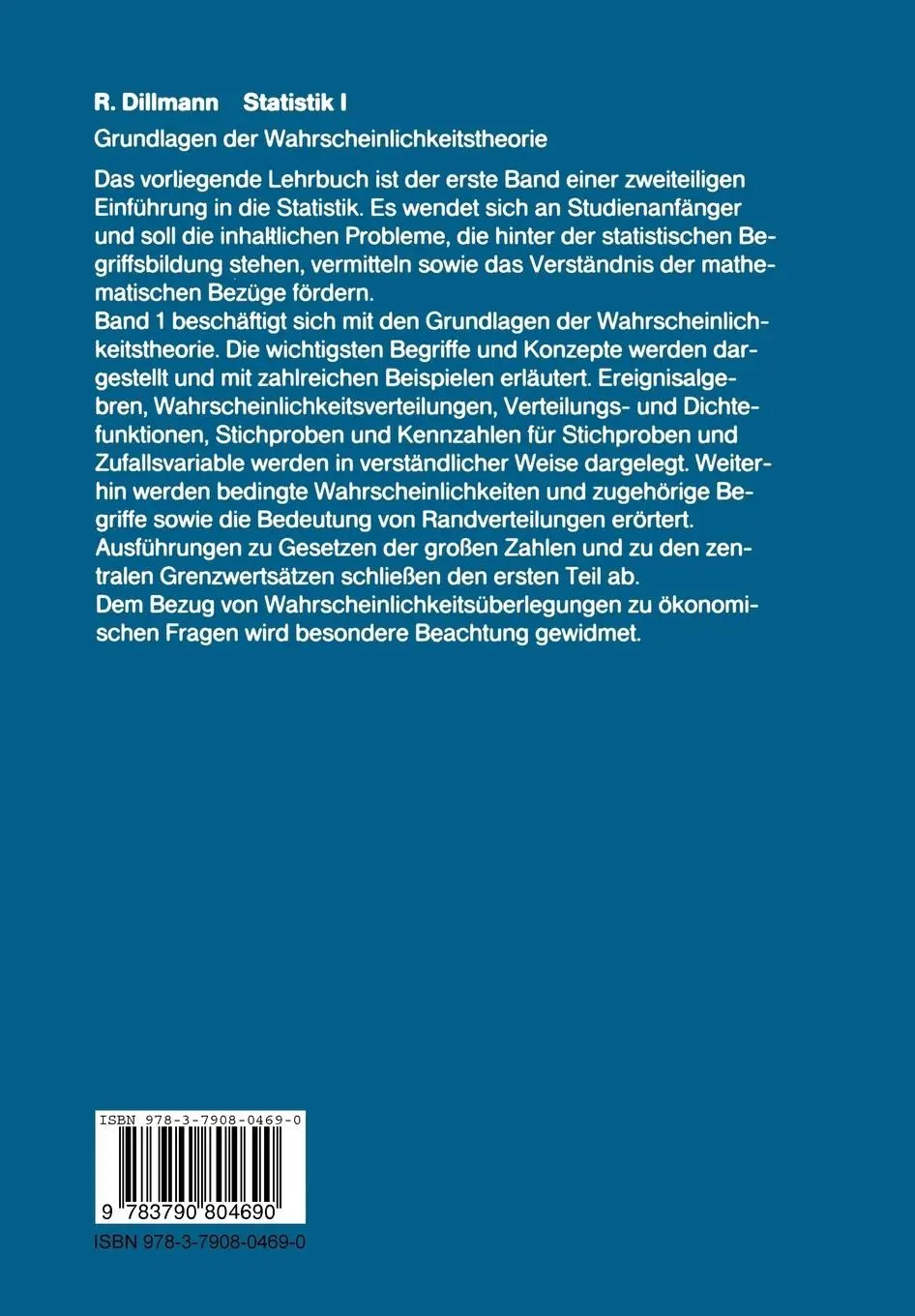 Rückseite: 9783790804690 | Statistik I | Grundlagen der Wahrscheinlichkeitstheorie | Dillmann