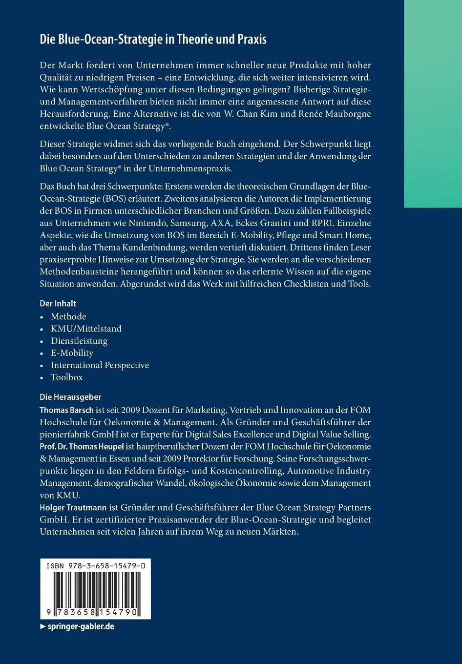Rückseite: 9783658154790 | Die Blue-Ocean-Strategie in Theorie und Praxis | Thomas Barsch (u. a.)