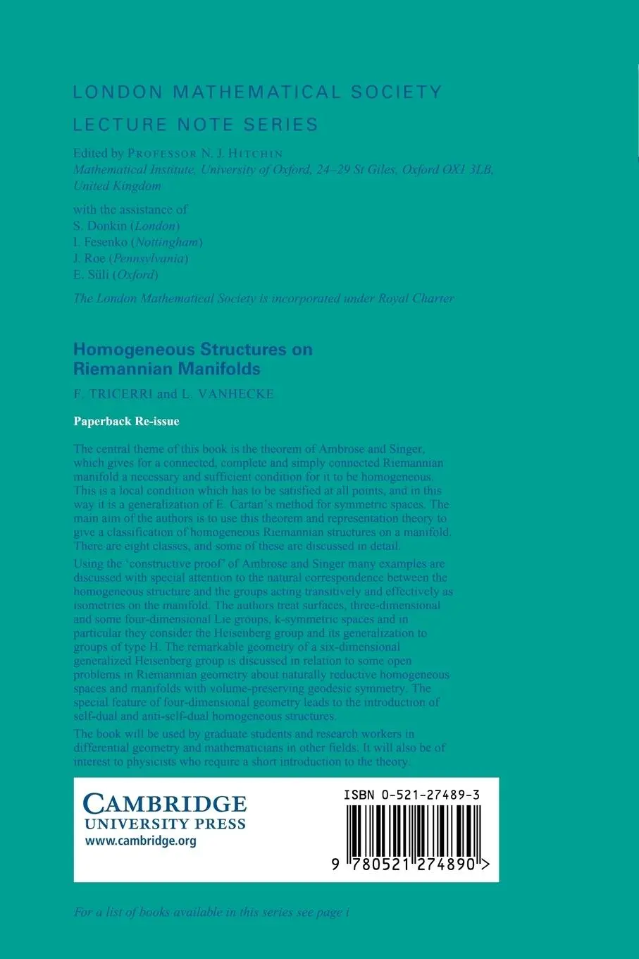 Rückseite: 9780521274890 | Homogeneous Structures on Riemannian Manifolds | F. Tricerri (u. a.)