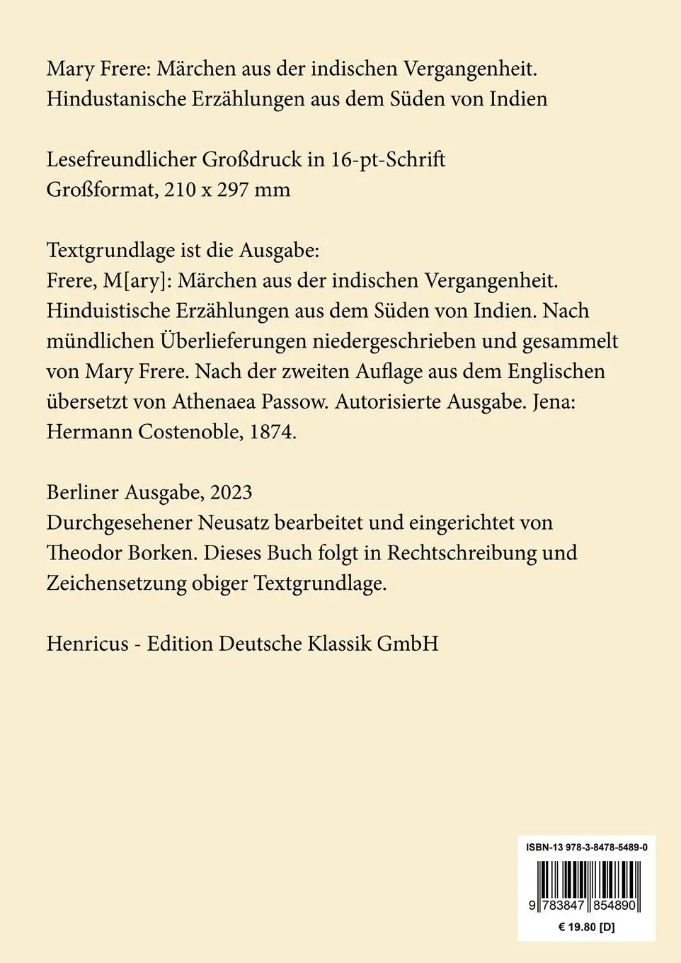Rückseite: 9783847854890 | Märchen aus der indischen Vergangenheit (Großdruck) | Mary Frere