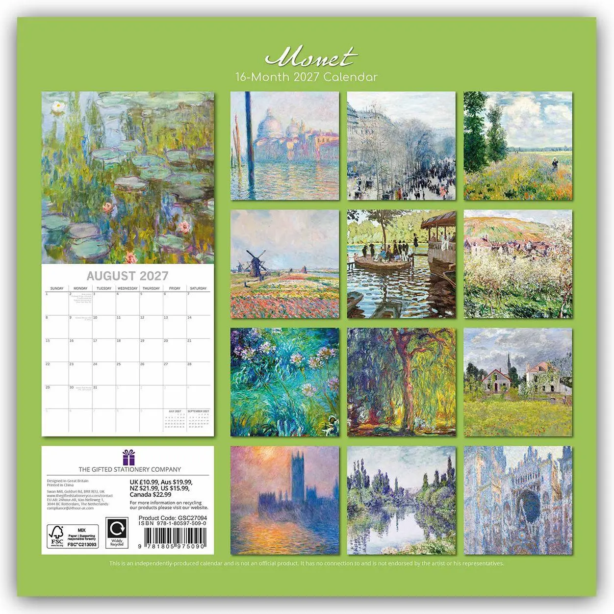 Rückseite: 9781805975090 | Claude Monet 2027 - 16-Monatskalender | Gifted Stationery Co. Ltd