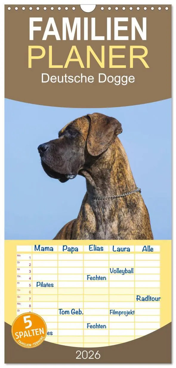 Cover: 9783516515190 | Familienplaner 2026 - Deutsche Dogge mit 5 Spalten (Wandkalender,...