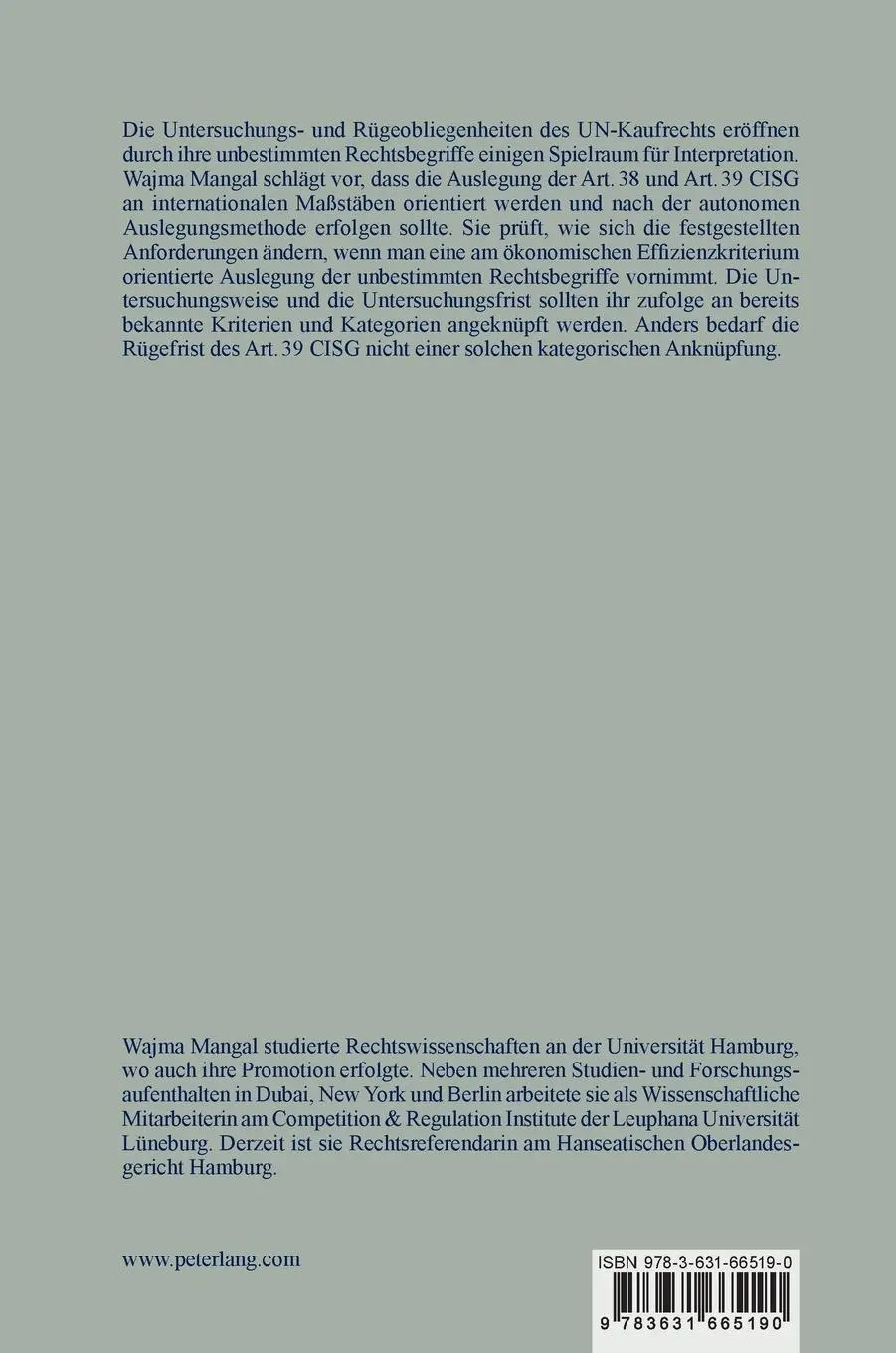 Rückseite: 9783631665190 | Untersuchungs- und Rügeobliegenheiten im UN-Kaufrecht | Wajma Mangal