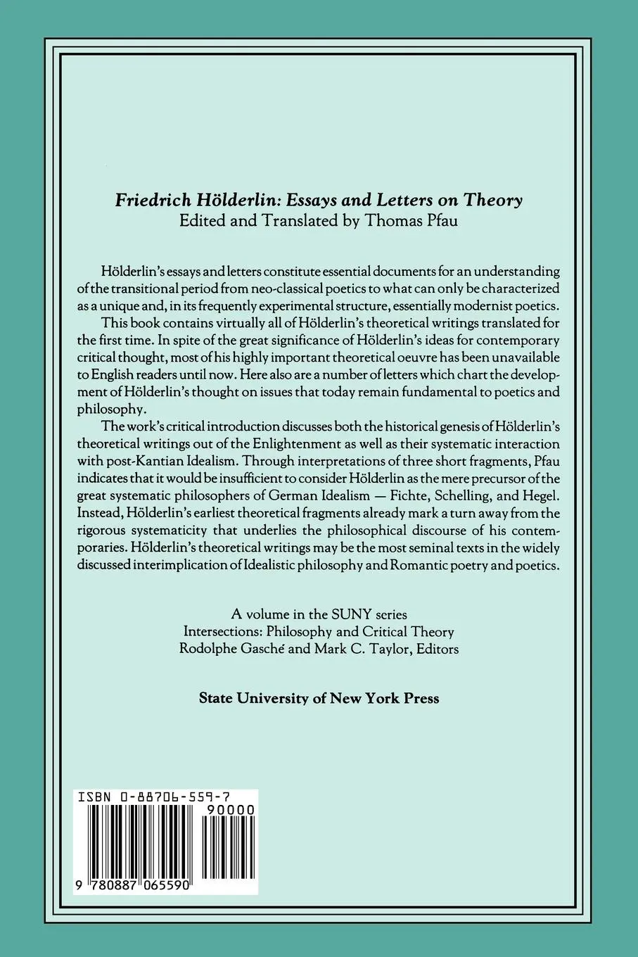 Rückseite: 9780887065590 | Friedrich Hölderlin | Essays and Letters on Theory | Thomas Pfau