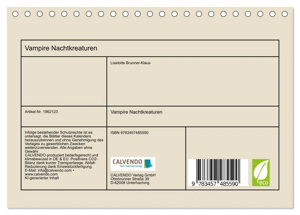 Bild: 9783457485590 | Vampire Nachtkreaturen (Tischkalender 2026 DIN A5 quer), CALVENDO...