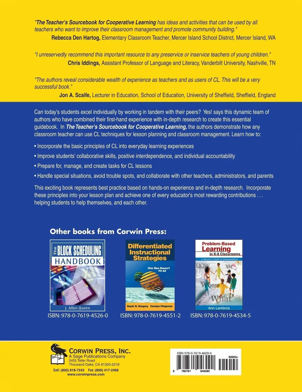 Rückseite: 9780761946090 | Teacher's Sourcebook for Cooperative Learning | George Jacobs (u. a.)
