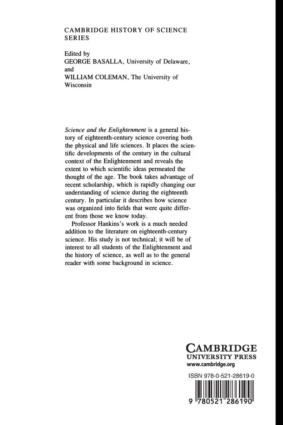 Rückseite: 9780521286190 | Science and the Enlightenment | Thomas L. Hankins | Taschenbuch | 2010