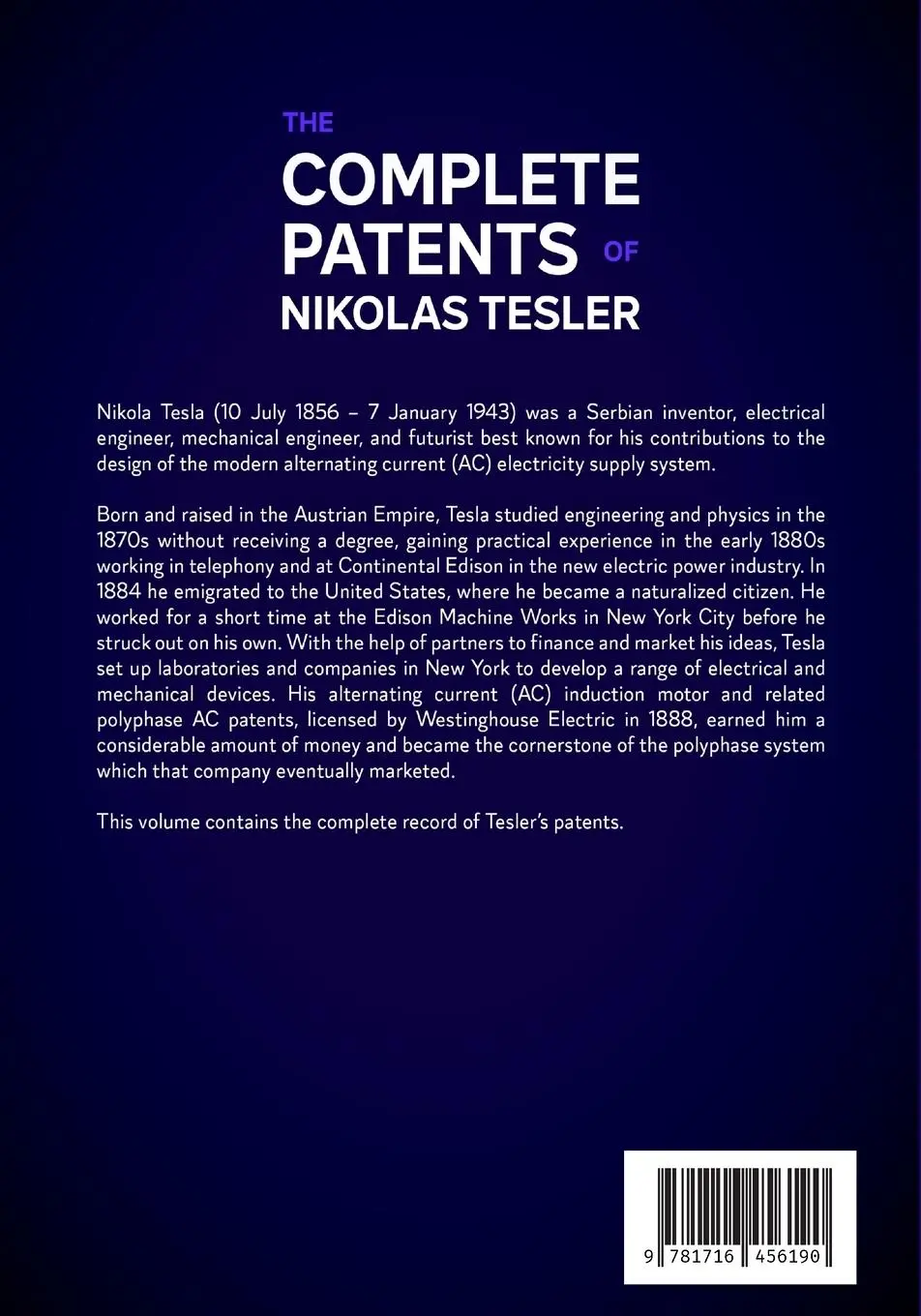 Rückseite: 9781716456190 | Tesla | The Complete Patents of Nikolas Tesla | Leonard Payne | Buch