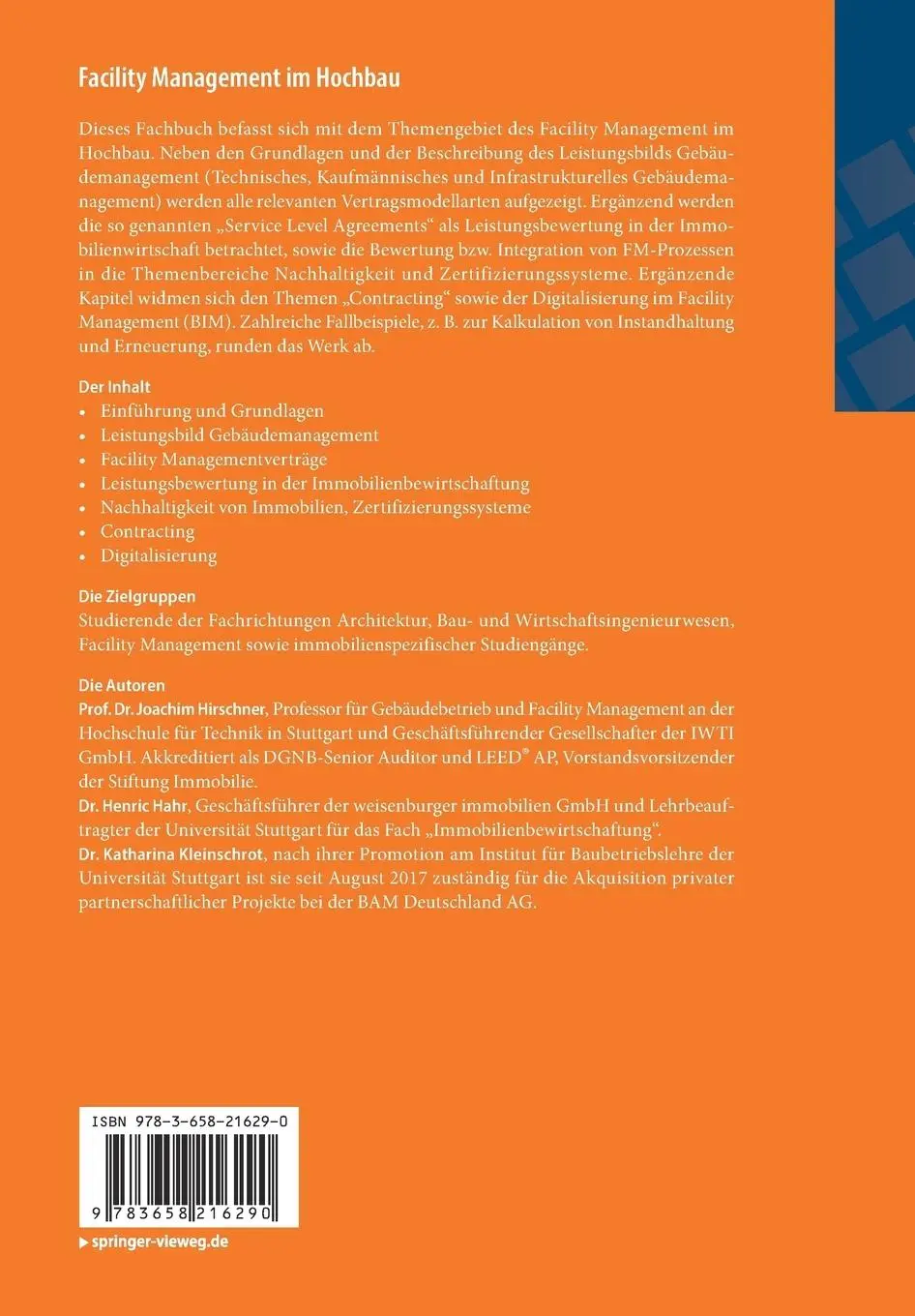 Rückseite: 9783658216290 | Facility Management im Hochbau | Grundlagen für Studium und Praxis