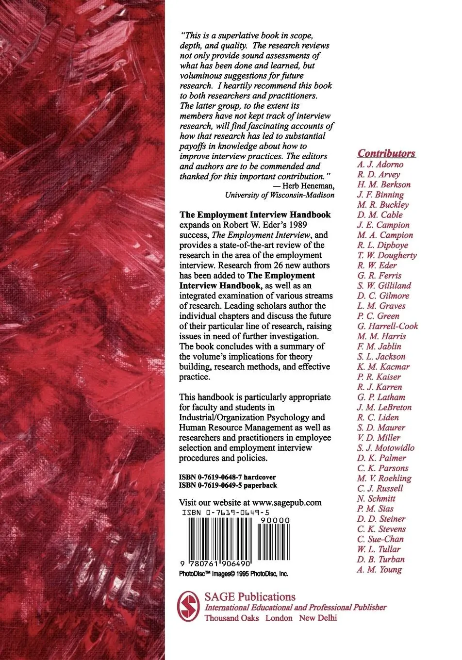 Rückseite: 9780761906490 | The Employment Interview Handbook | Robert W. Eder (u. a.) | Buch