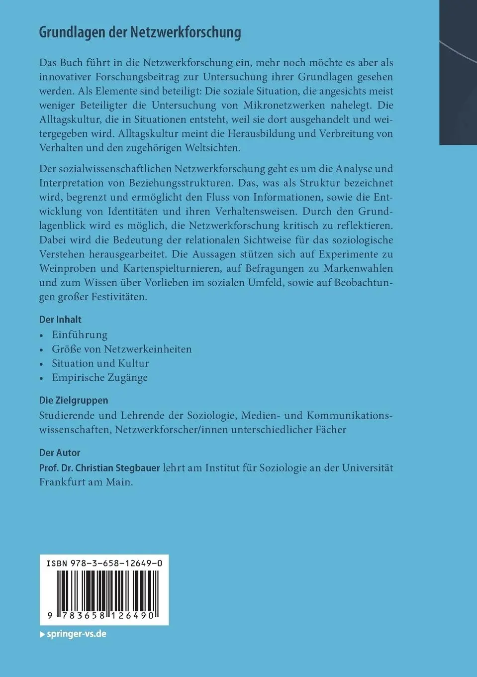 Rückseite: 9783658126490 | Grundlagen der Netzwerkforschung | Christian Stegbauer | Taschenbuch