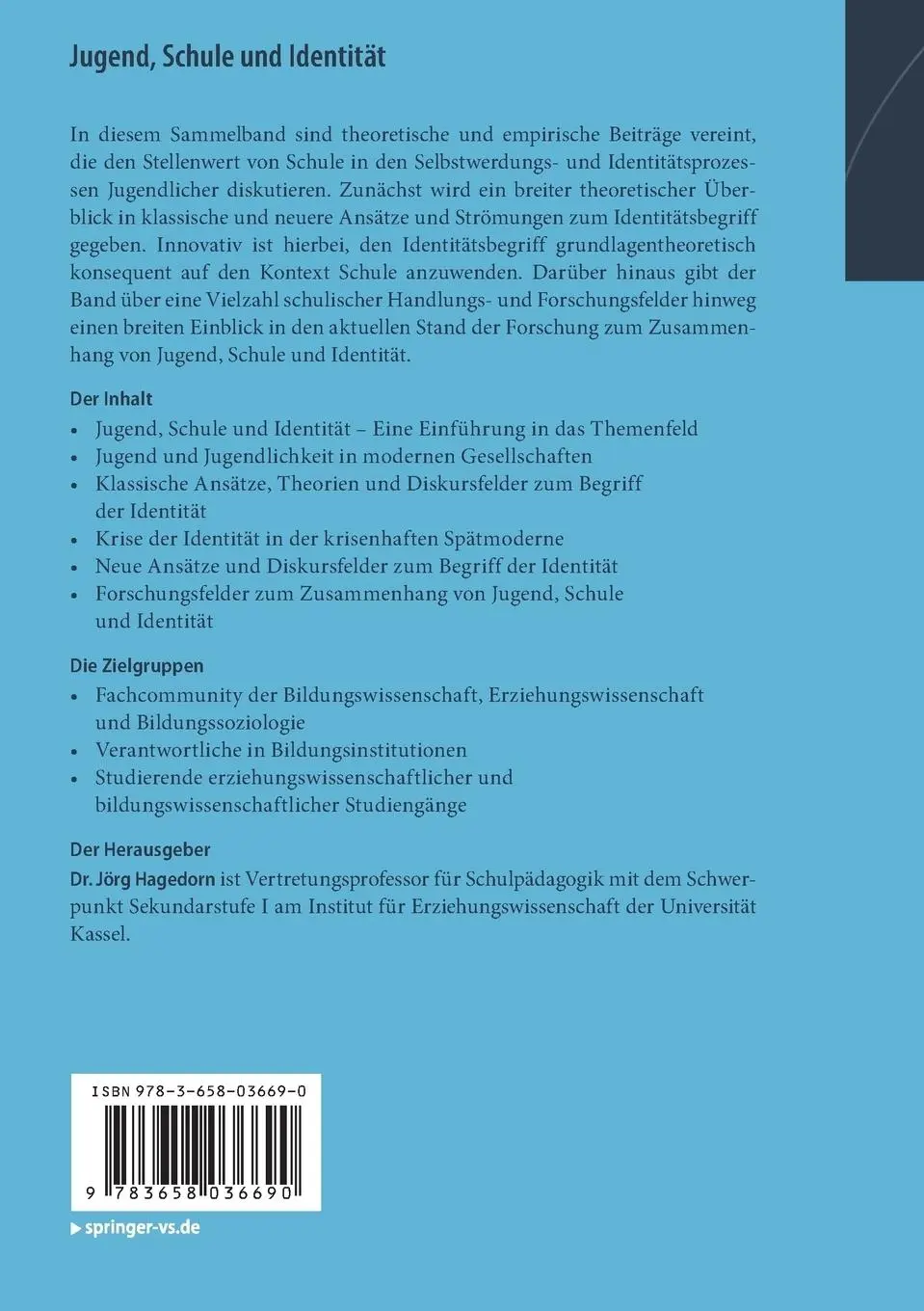 Rückseite: 9783658036690 | Jugend, Schule und Identität | Jörg Hagedorn | Taschenbuch | xiv