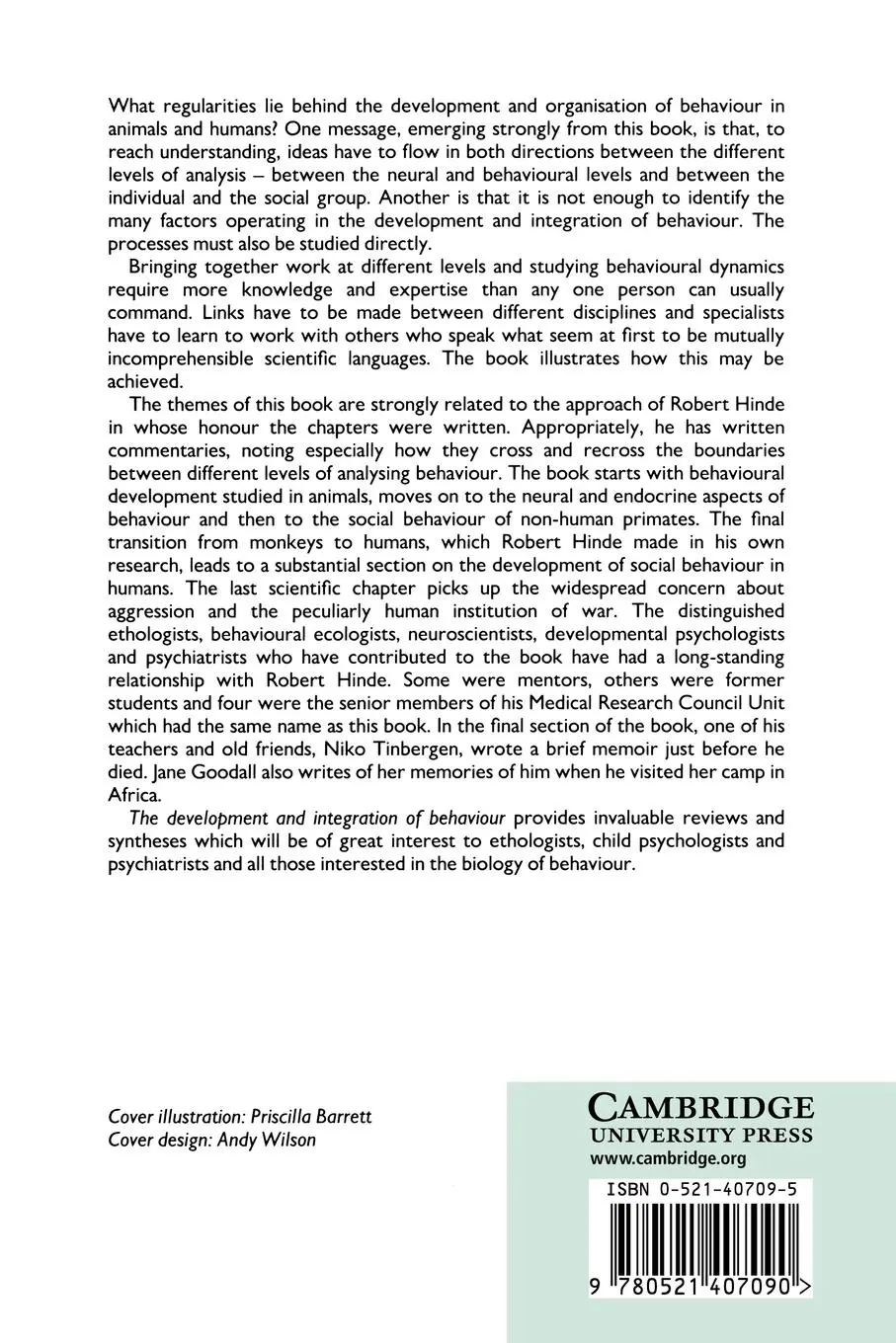 Rückseite: 9780521407090 | The Development and Integration of Behaviour | Patrick Bateson | Buch