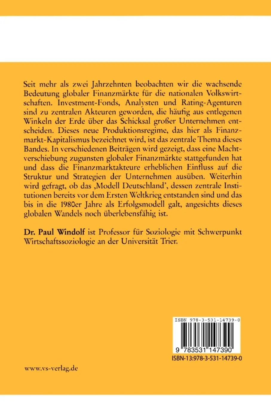 Rückseite: 9783531147390 | Finanzmarkt-Kapitalismus | Analysen zum Wandel von Produktionsregimen