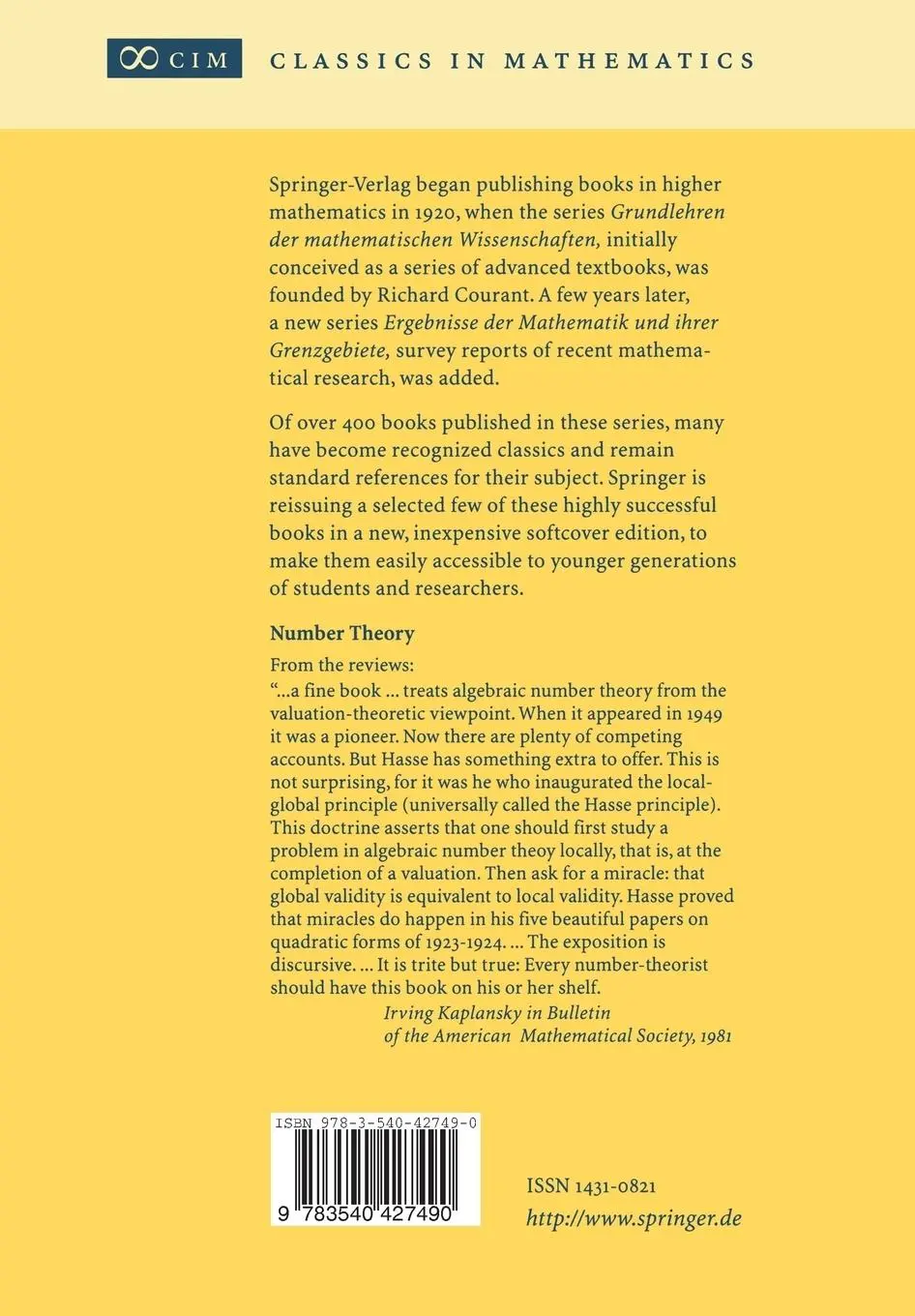 Rückseite: 9783540427490 | Number Theory | Helmut Hasse | Taschenbuch | xvii | Englisch | 2002