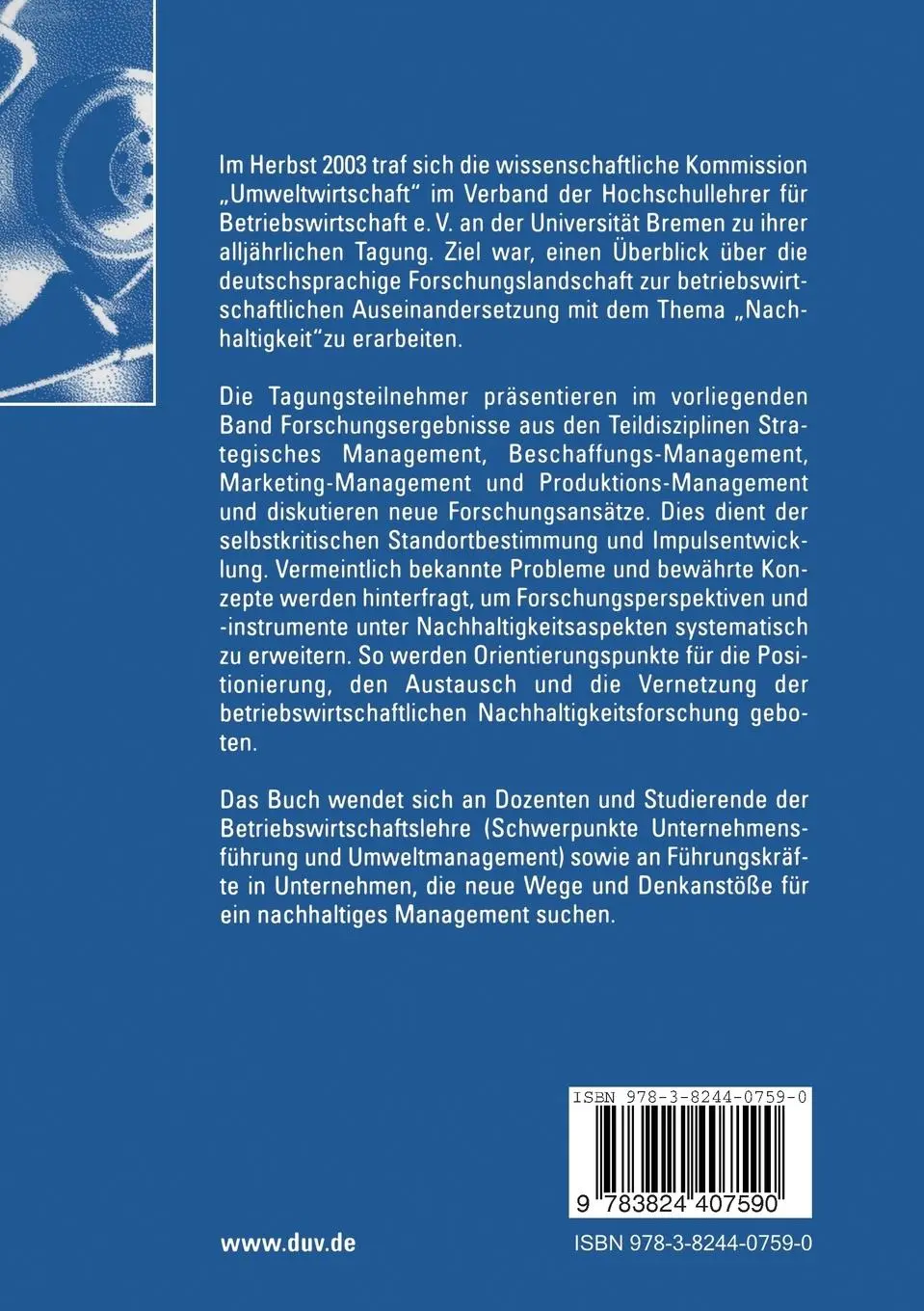 Rückseite: 9783824407590 | Betriebswirtschaftslehre und Nachhaltigkeit | Michael Hülsmann (u. a.)