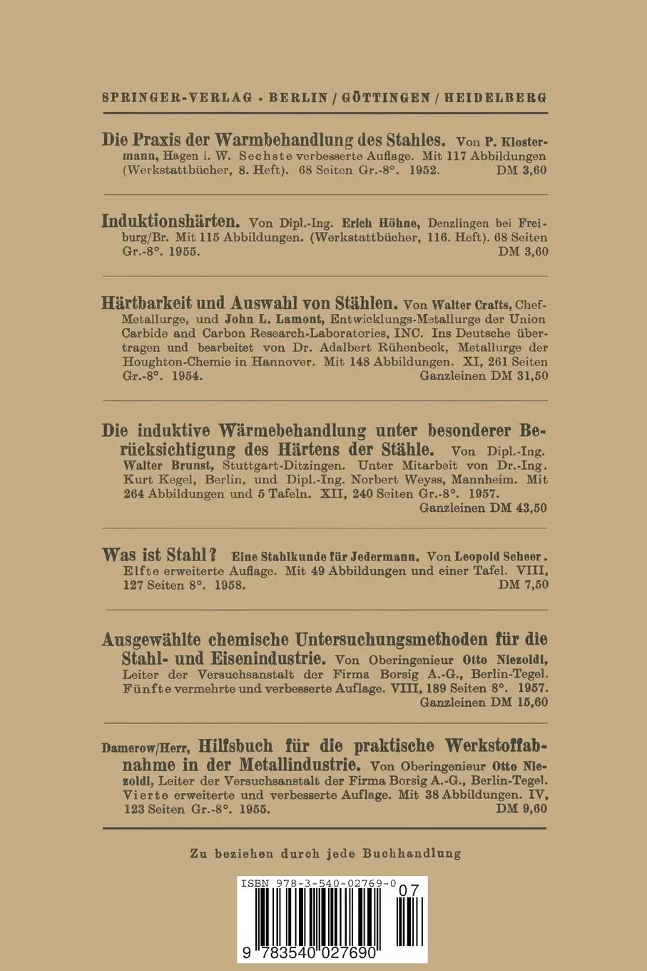 Rückseite: 9783540027690 | Glühen, Härten und Vergüten des Stahles | Heft 7 | W. Malmberg | Buch