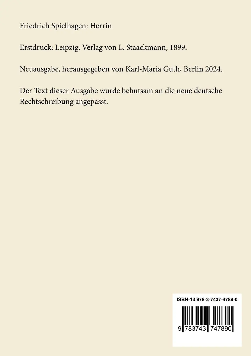 Rückseite: 9783743747890 | Herrin | Roman | Friedrich Spielhagen | Taschenbuch | Paperback | 2024