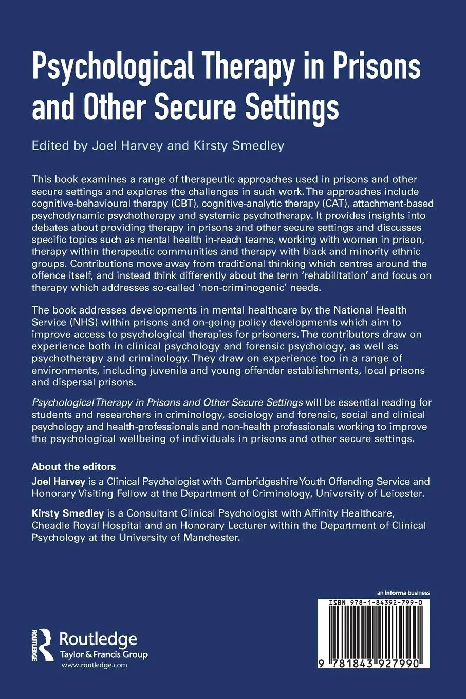 Rückseite: 9781843927990 | Psychological Therapy in Prisons and Other Settings | Harvey (u. a.)
