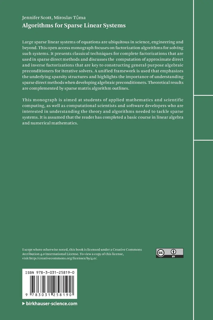 Rückseite: 9783031258190 | Algorithms for Sparse Linear Systems | Jennifer Scott (u. a.) | Buch