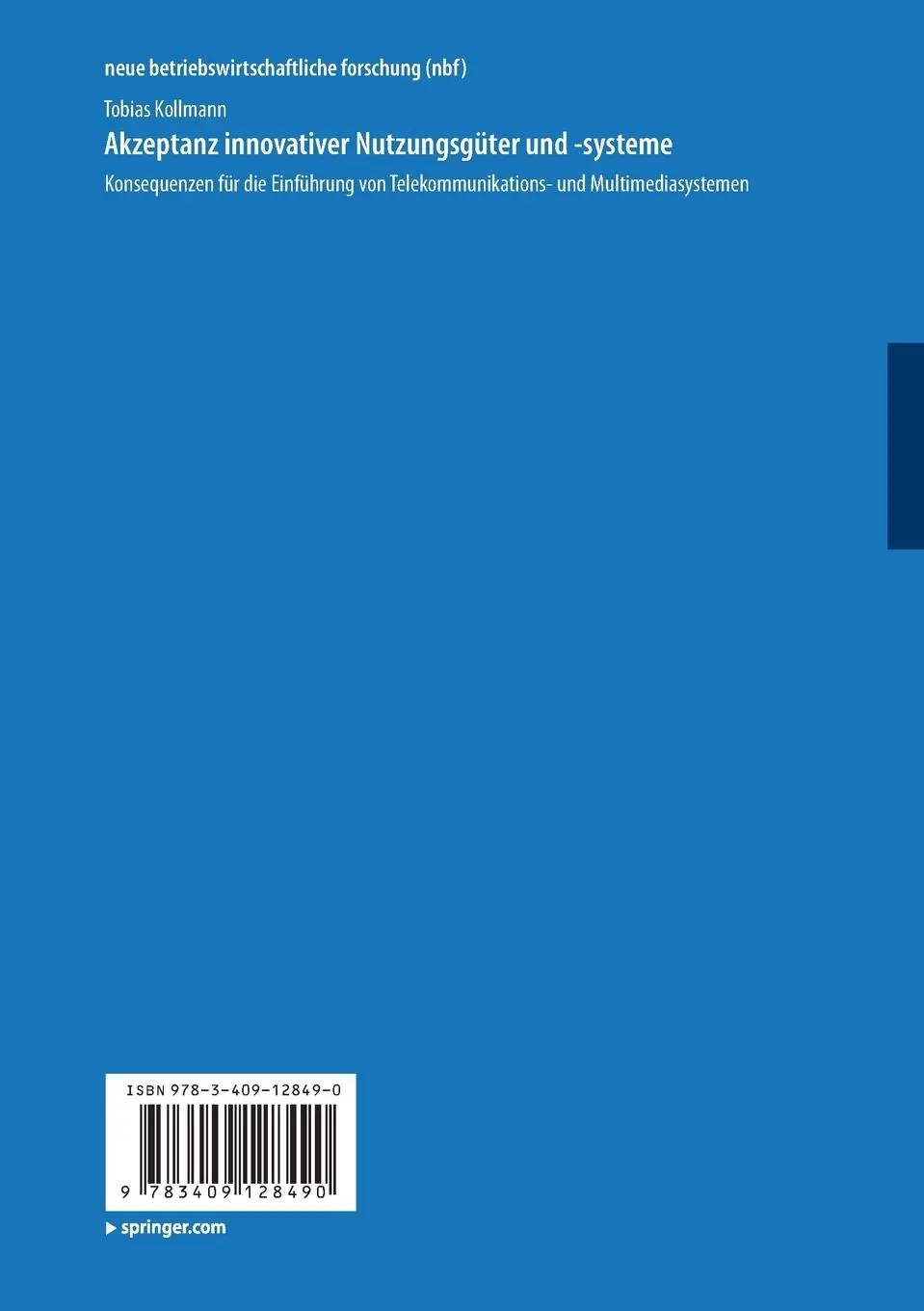Rückseite: 9783409128490 | Akzeptanz innovativer Nutzungsgüter und -systeme | Tobias Kollmann