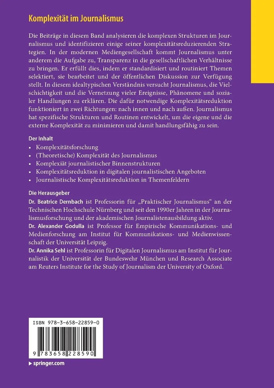 Rückseite: 9783658228590 | Komplexität im Journalismus | Beatrice Dernbach (u. a.) | Taschenbuch