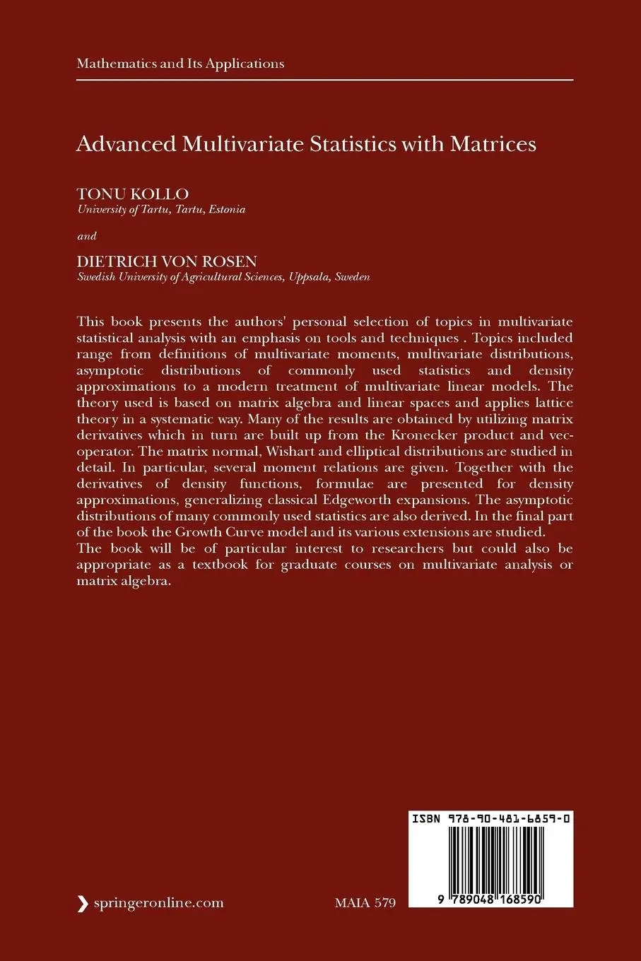 Rückseite: 9789048168590 | Advanced Multivariate Statistics with Matrices | D. Von Rosen (u. a.)