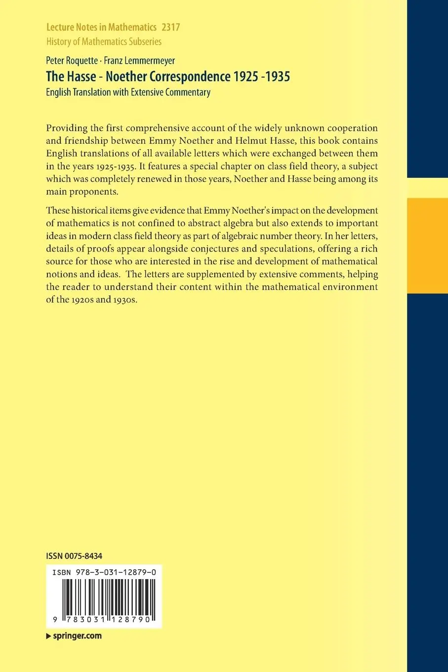Rückseite: 9783031128790 | The Hasse - Noether Correspondence 1925 -1935 | Peter Roquette (u. a.)