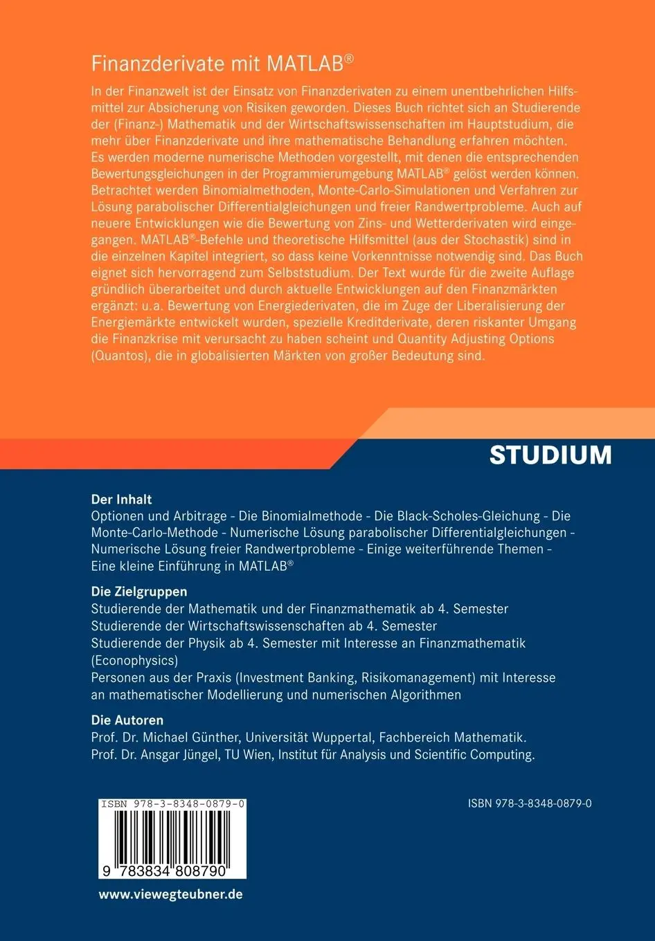 Rückseite: 9783834808790 | Finanzderivate mit MATLAB | Ansgar Jüngel (u. a.) | Taschenbuch | xiv