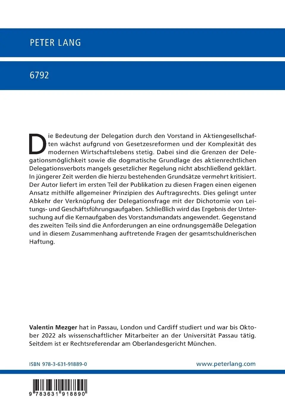 Rückseite: 9783631918890 | Persönliche Leitungspflicht | Valentin Mezger | Taschenbuch | 260 S.