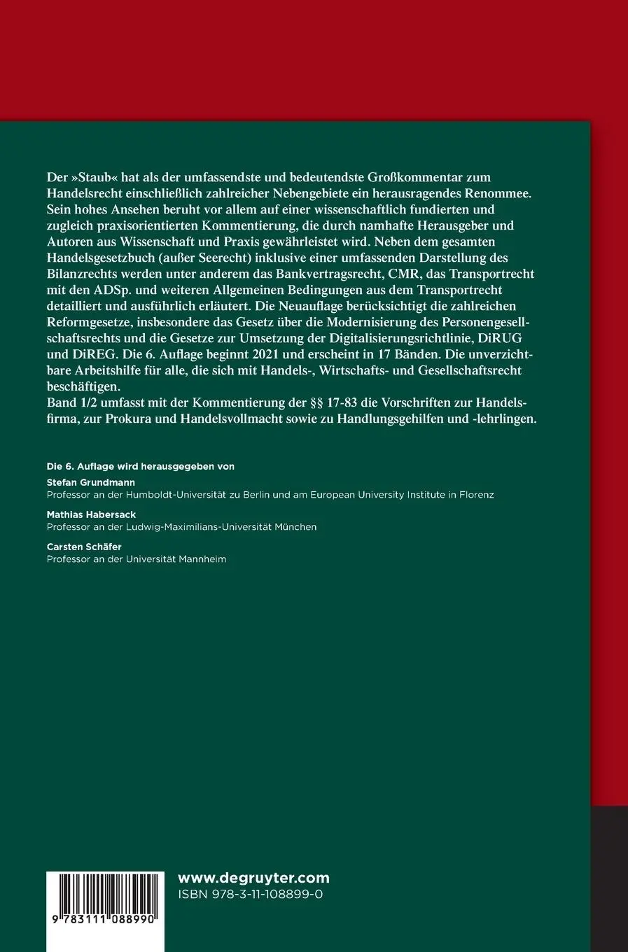 Rückseite: 9783111088990 | Handelsgesetzbuch §§ 17-83 | Stefan Grundmann (u. a.) | Buch | XXIX