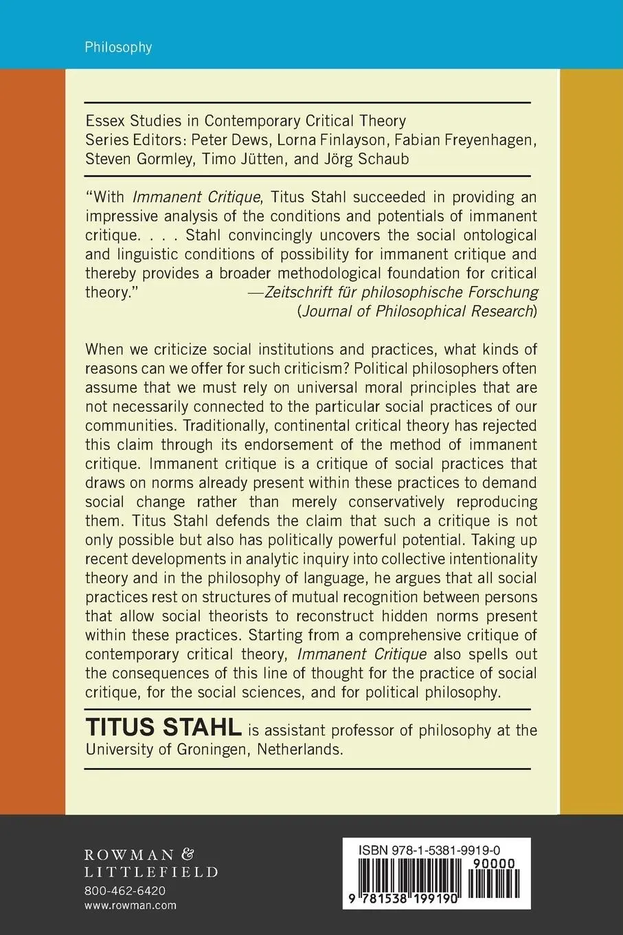 Rückseite: 9781538199190 | Immanent Critique | Titus Stahl | Taschenbuch | Englisch | 2024